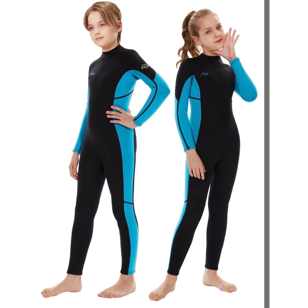 Hevto Wetsuit Kids Size 8 Black Blue Excellent 3/2mm Neoprene Full Body Back Zip